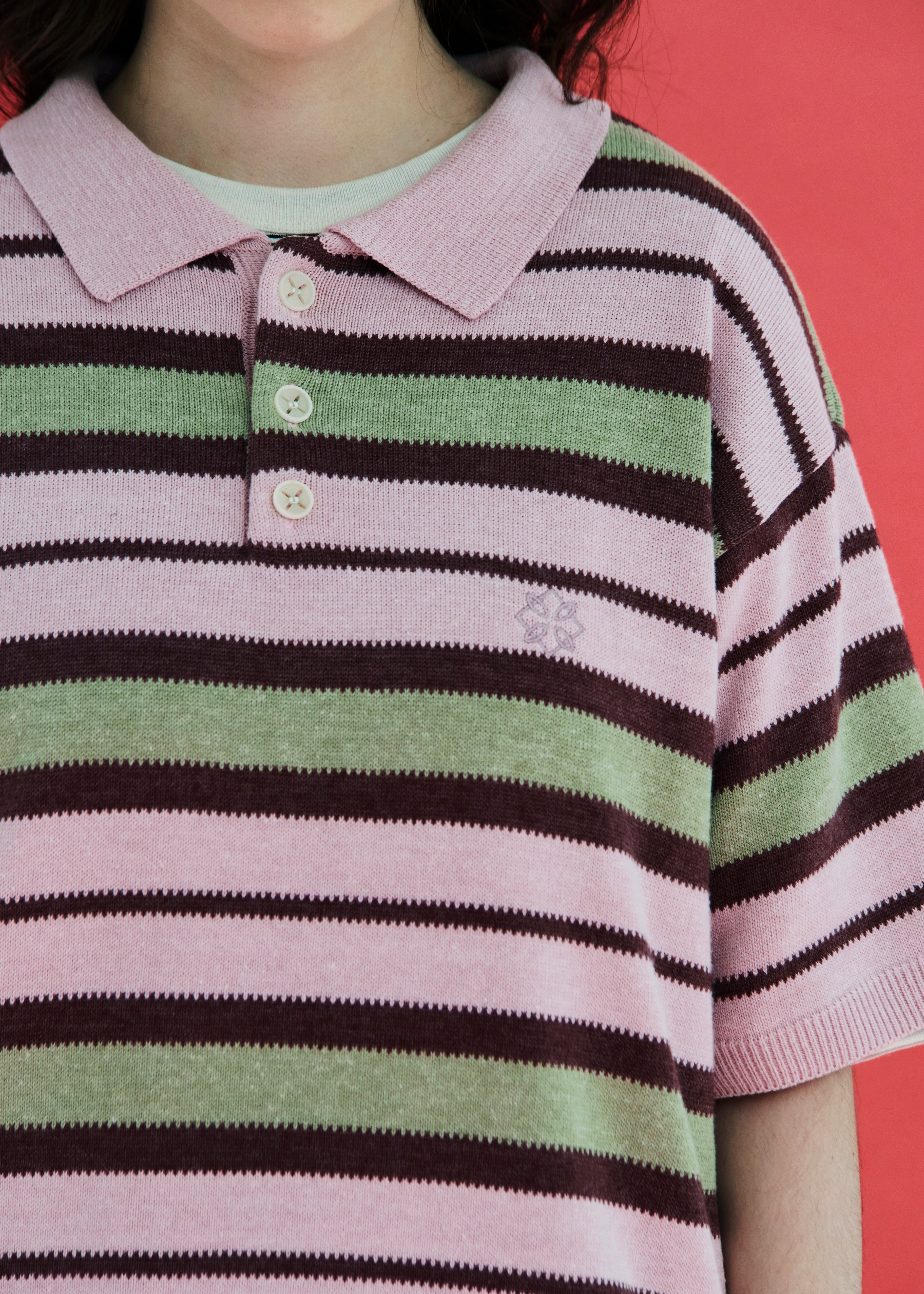 STRIPE KNIT POLO SHIRT / PINK