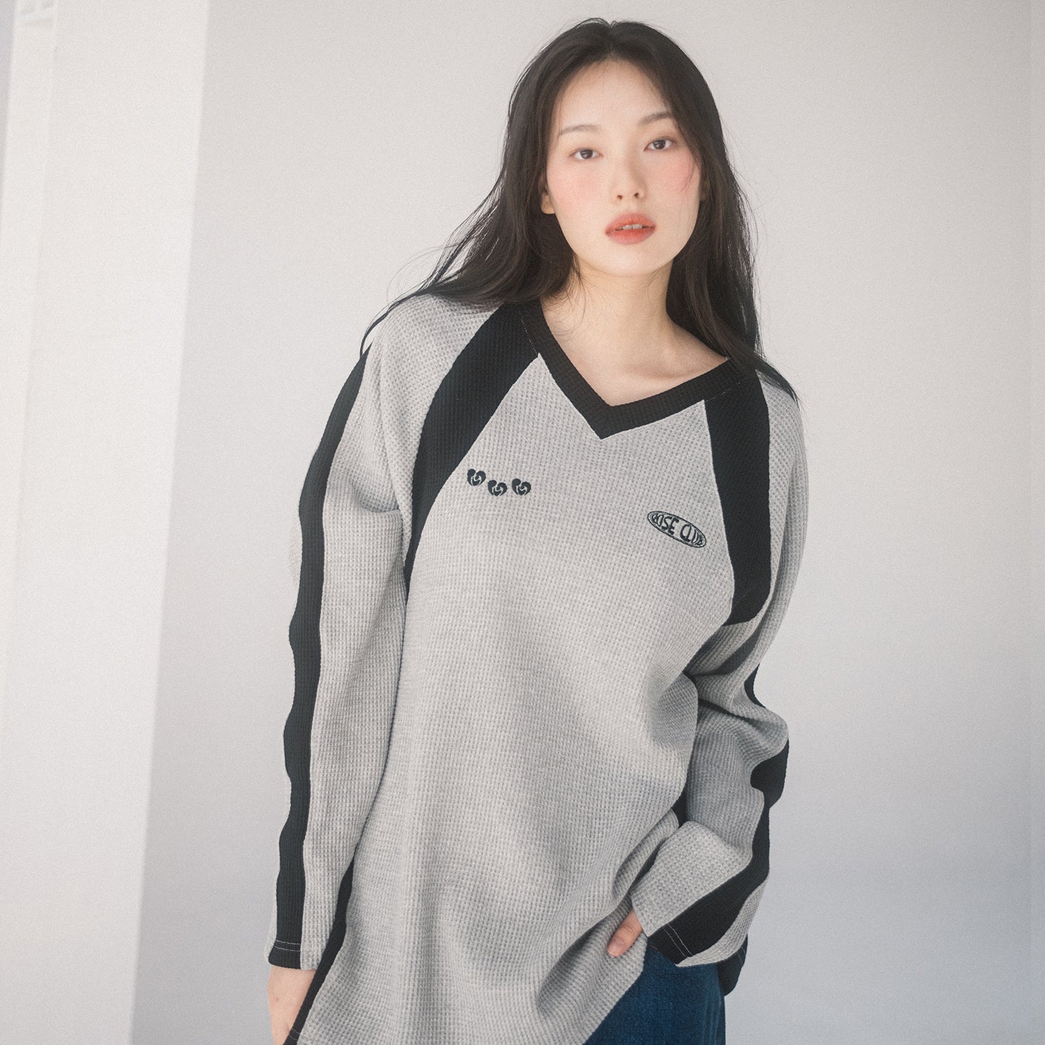 WAFFLE V-NECK RAGLAN L/S TEE(GREY)