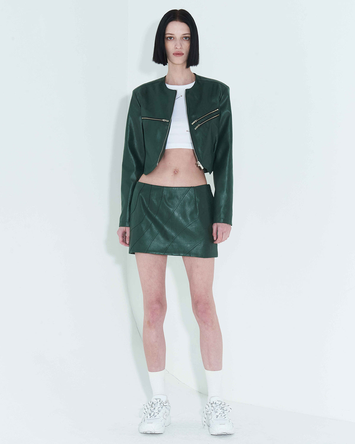 Faux-Leather Cropped Zip-Up Jacket _ Green