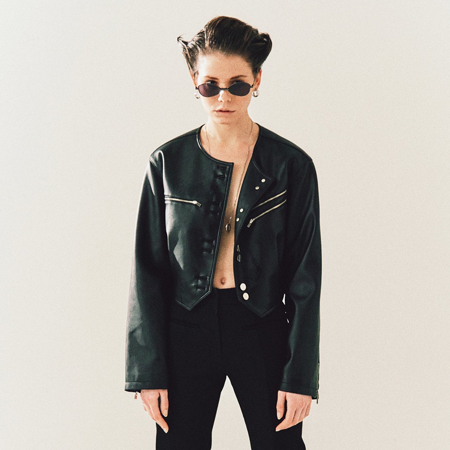 Faux-Leather Cropped Jacket _ Black