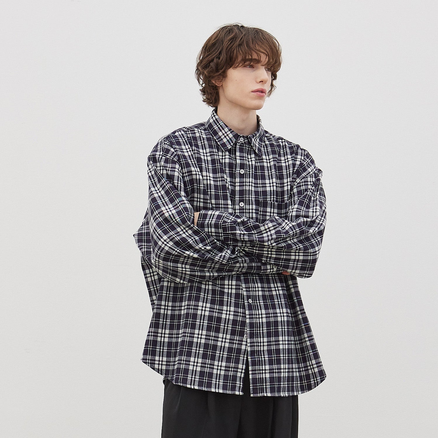 Wide Check Overfit Shirt (Navy)