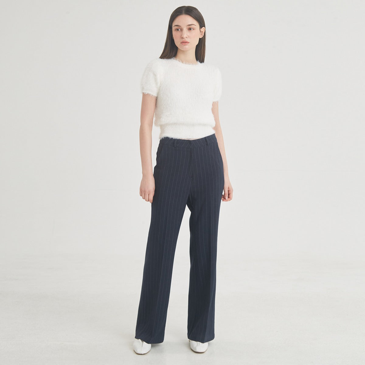 Wool Stripe Flare Pants (Navy)