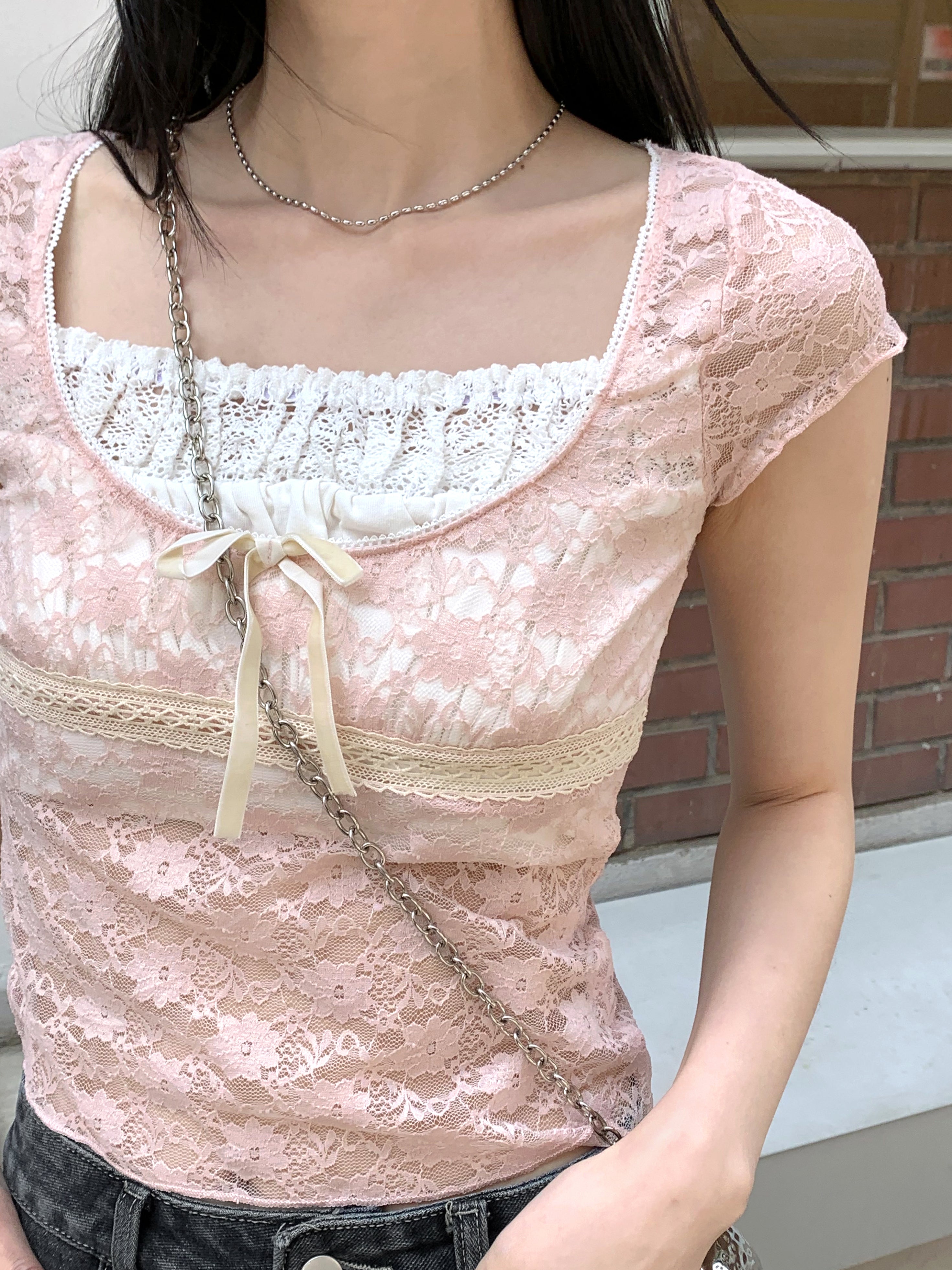 Liwan Pink See-through Lace Ribbon Square Short Sleeve T-shirt