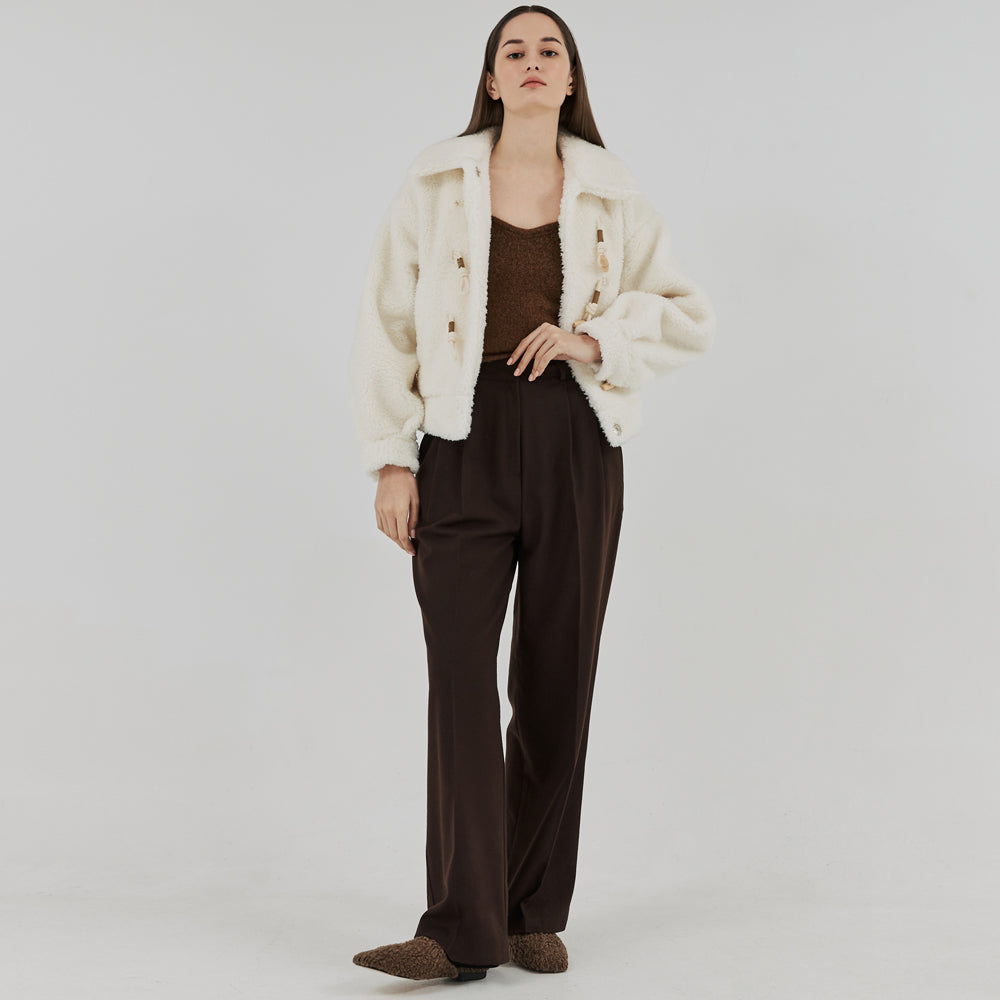 Two-Tuck Button Wide Wool Pants (Brown)