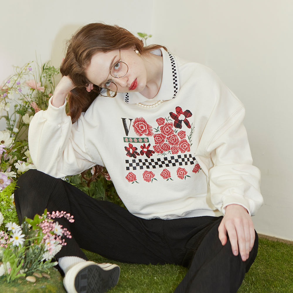 Check-Rose Collar Sweatshirt