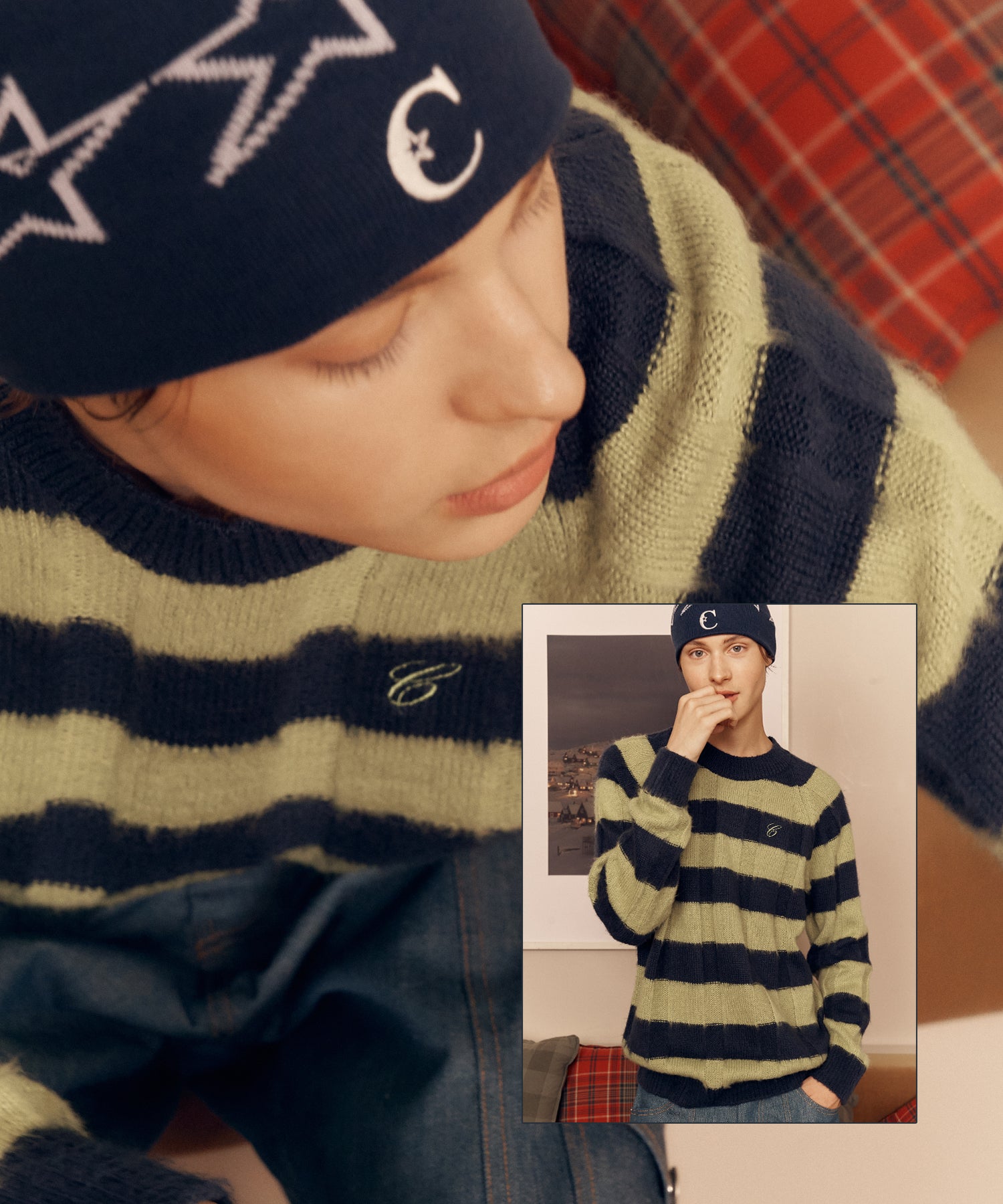 ストライプブラッシュニットプルオーバー/CHUCK STRIPE BRUSH KNIT PULLOVER (OLIVE)