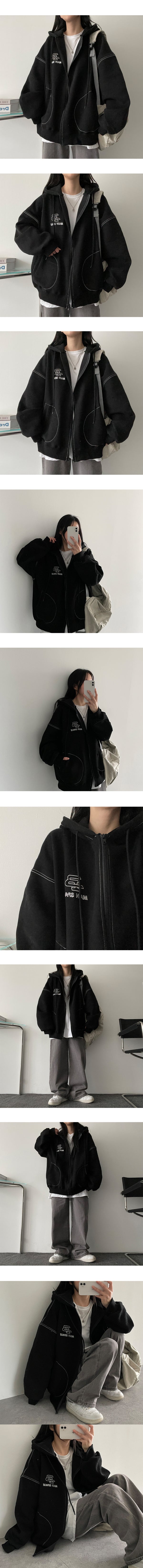 [fleece] Bipitan oversized fit stitch hooded zip-up jumper