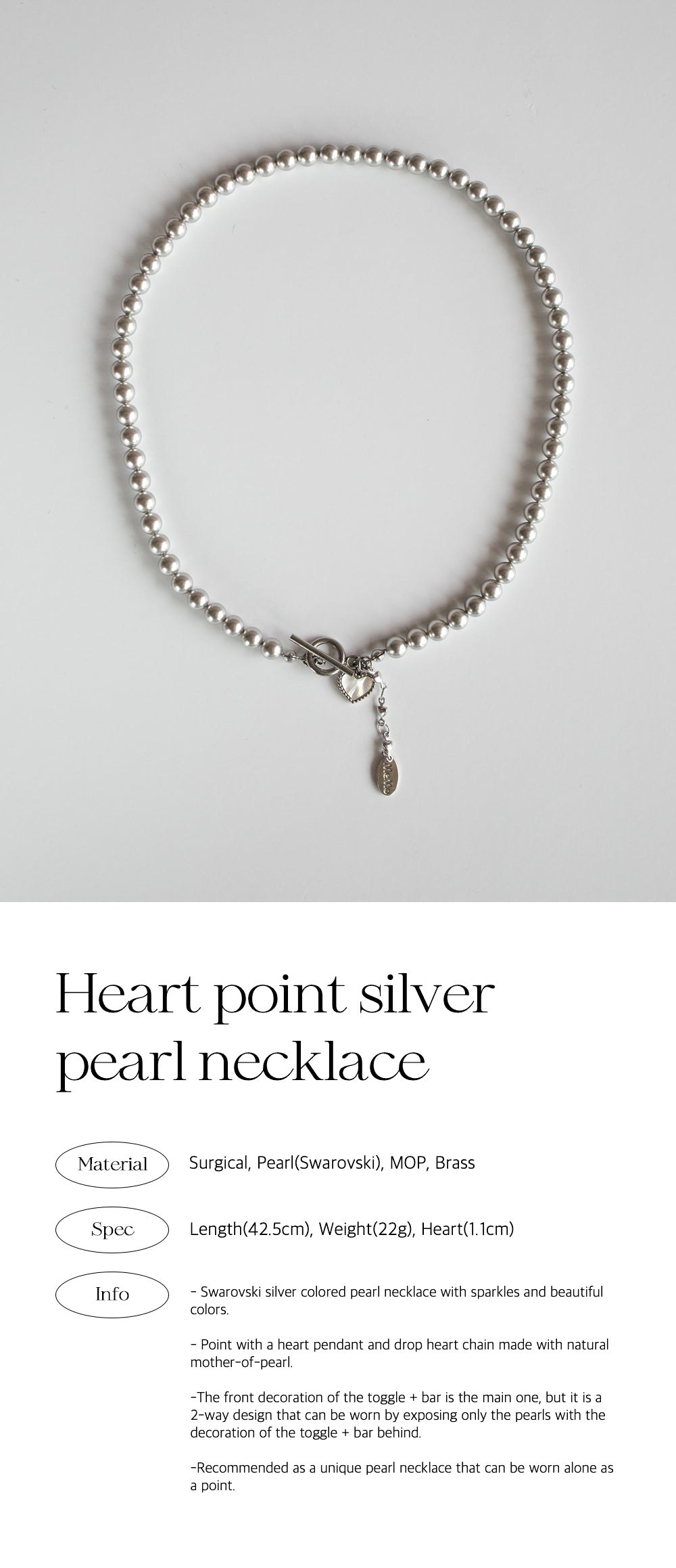 Heart point silver pearl necklace