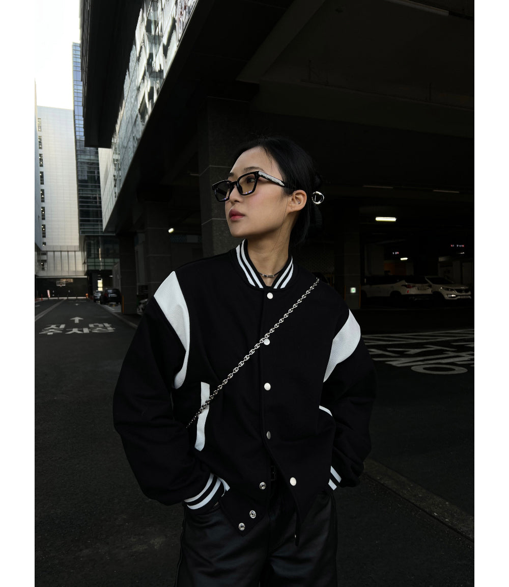 [UNISEX] Varsity stadium leather point jacket (Black)