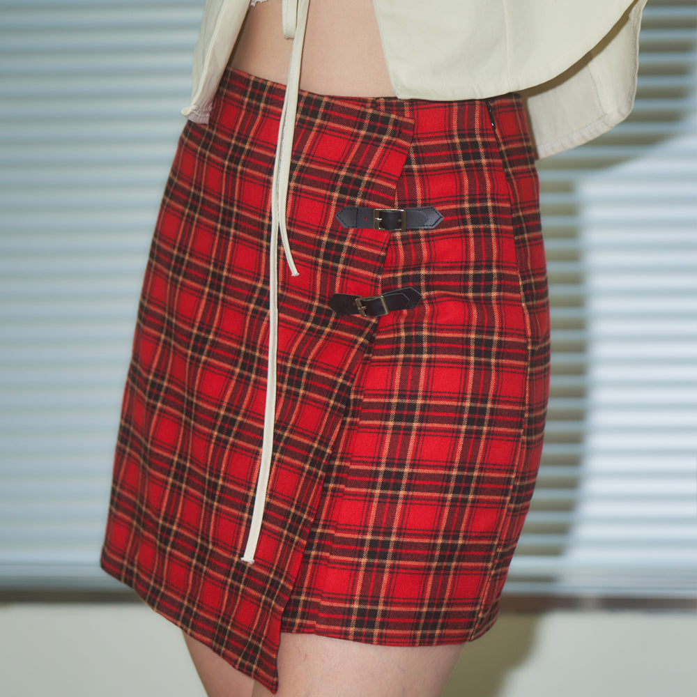 [NF] CHECK BUCKLE WRAP SKIRT (RED)_F23ZC858