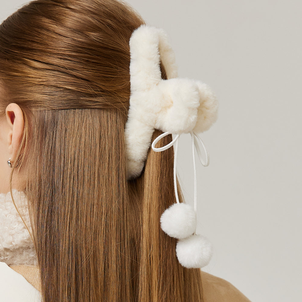 Pompom Fur Hair Clip _ White