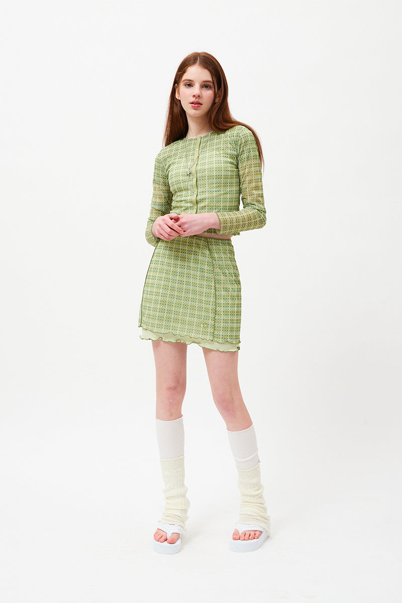 CHERRY PATTERN MESH MINI SKIRT [LIME]