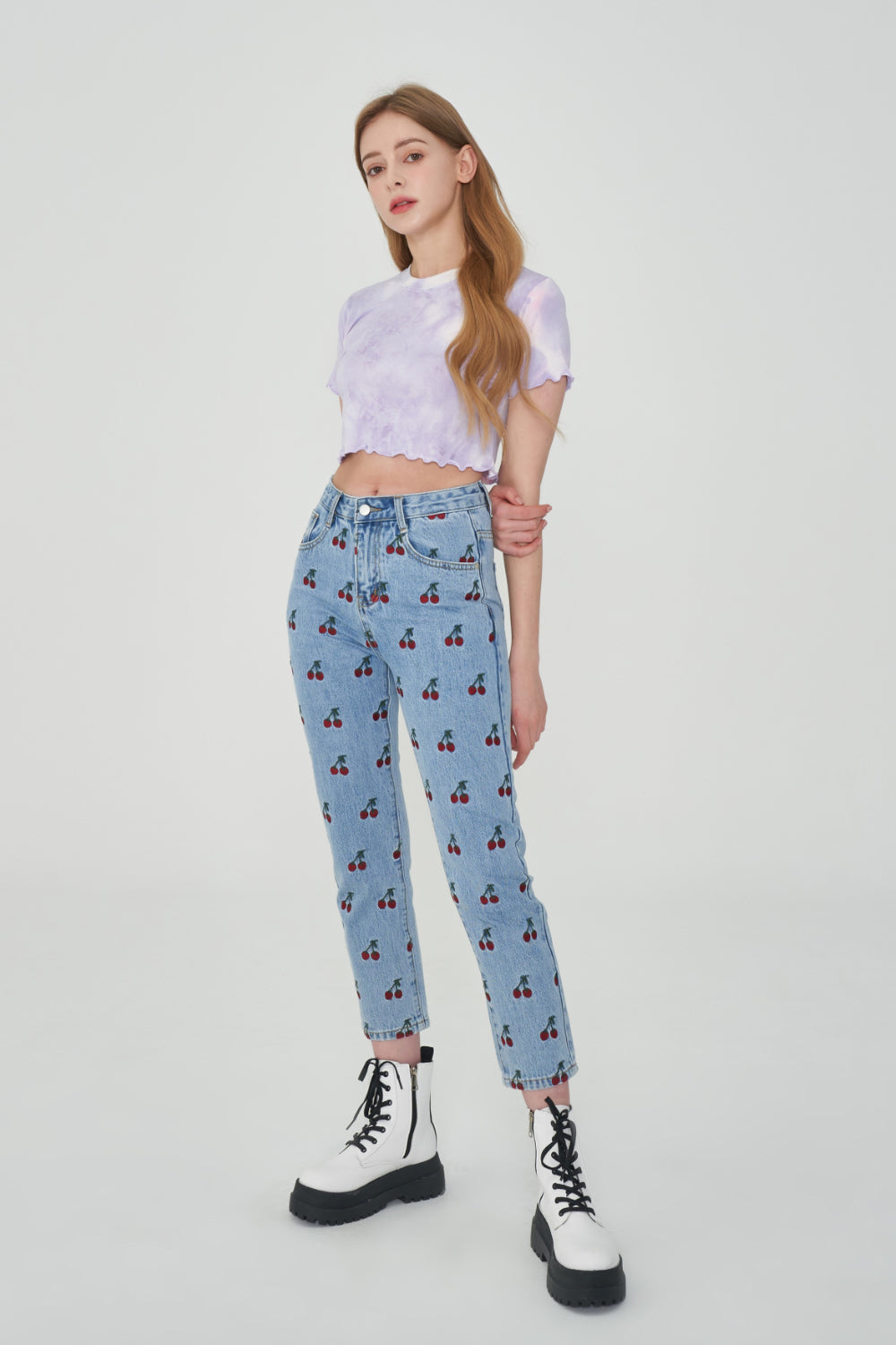 STRAIGHT FIT CHERRY EMBROIDERY DENIM PANTS [6851]