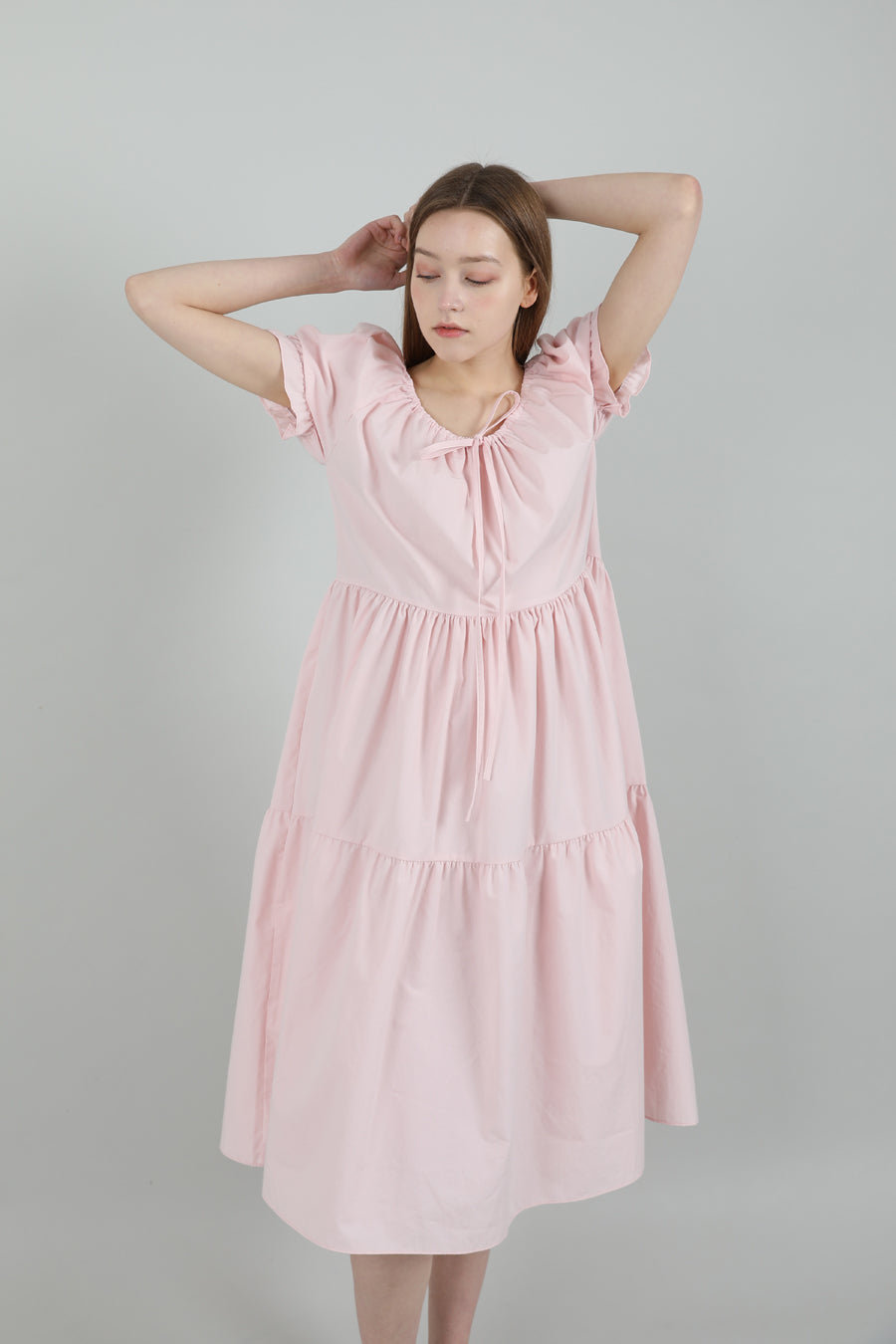 Romantic Shirring Long Onepiece Pink