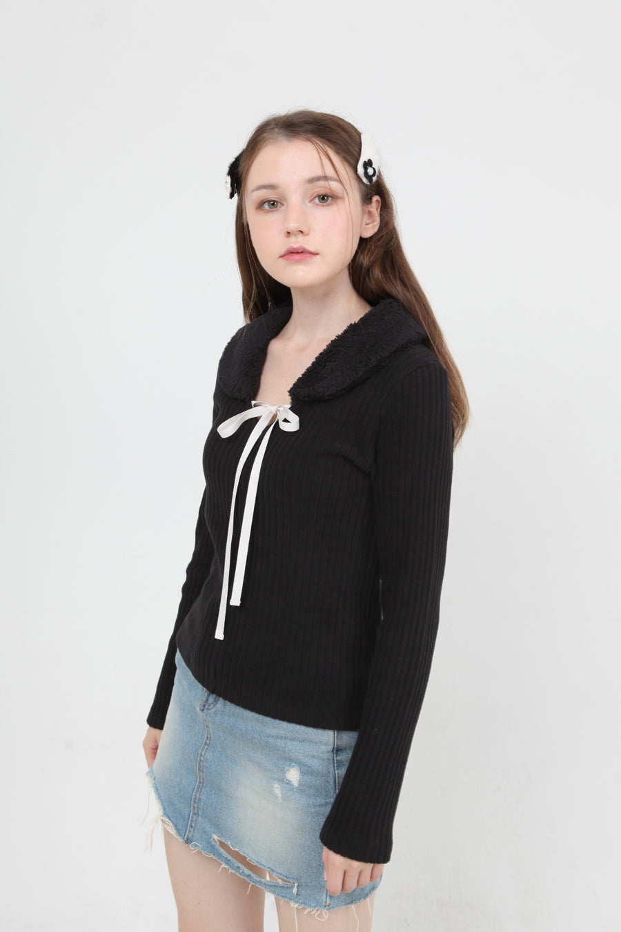 fur collar knit t-shirt black