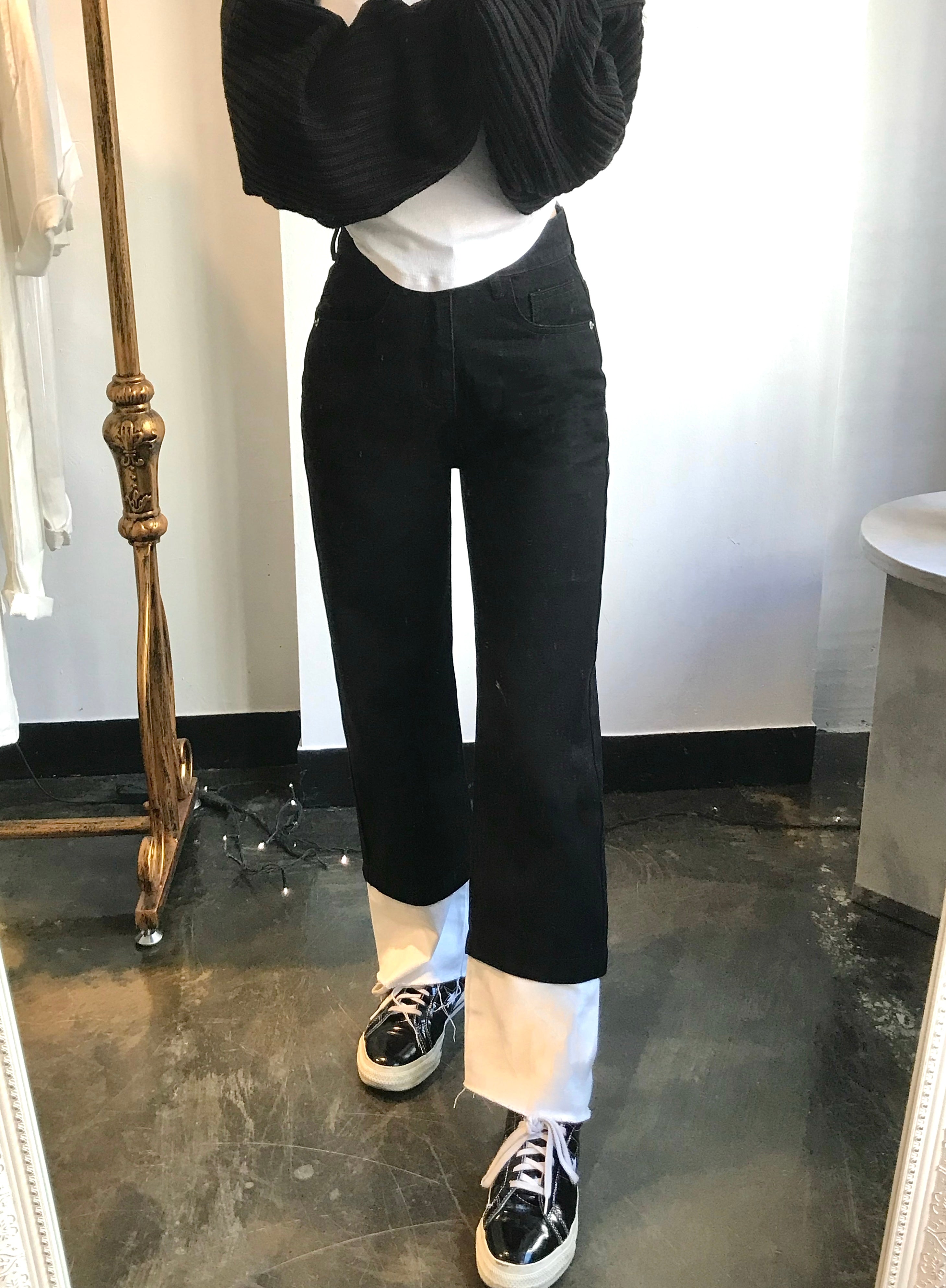 SEMI WIDE FIT BLACK+WHITE DENIM PANTS [17723]