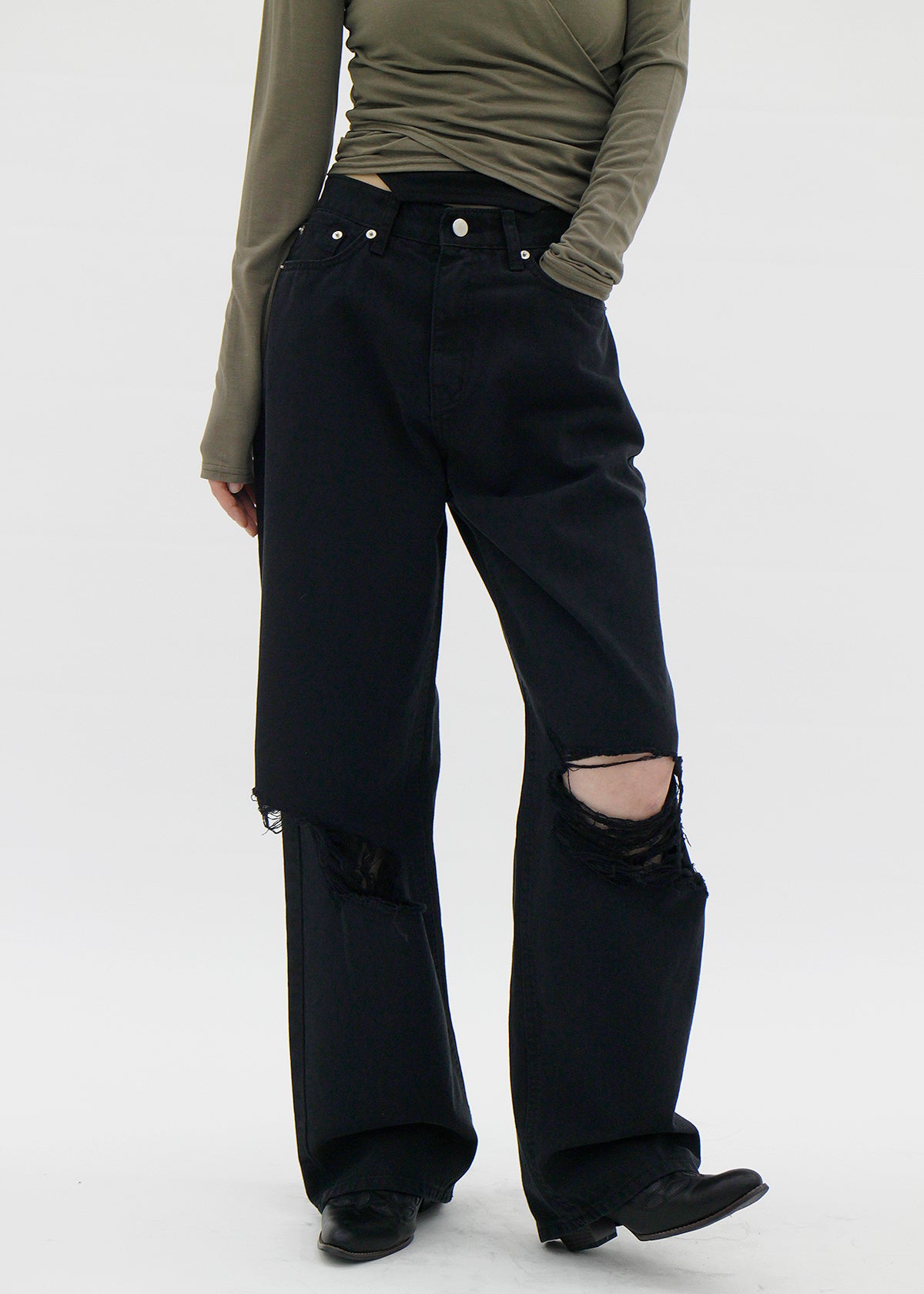 no.0012 Ripped Cotton Wide Pants (2color)