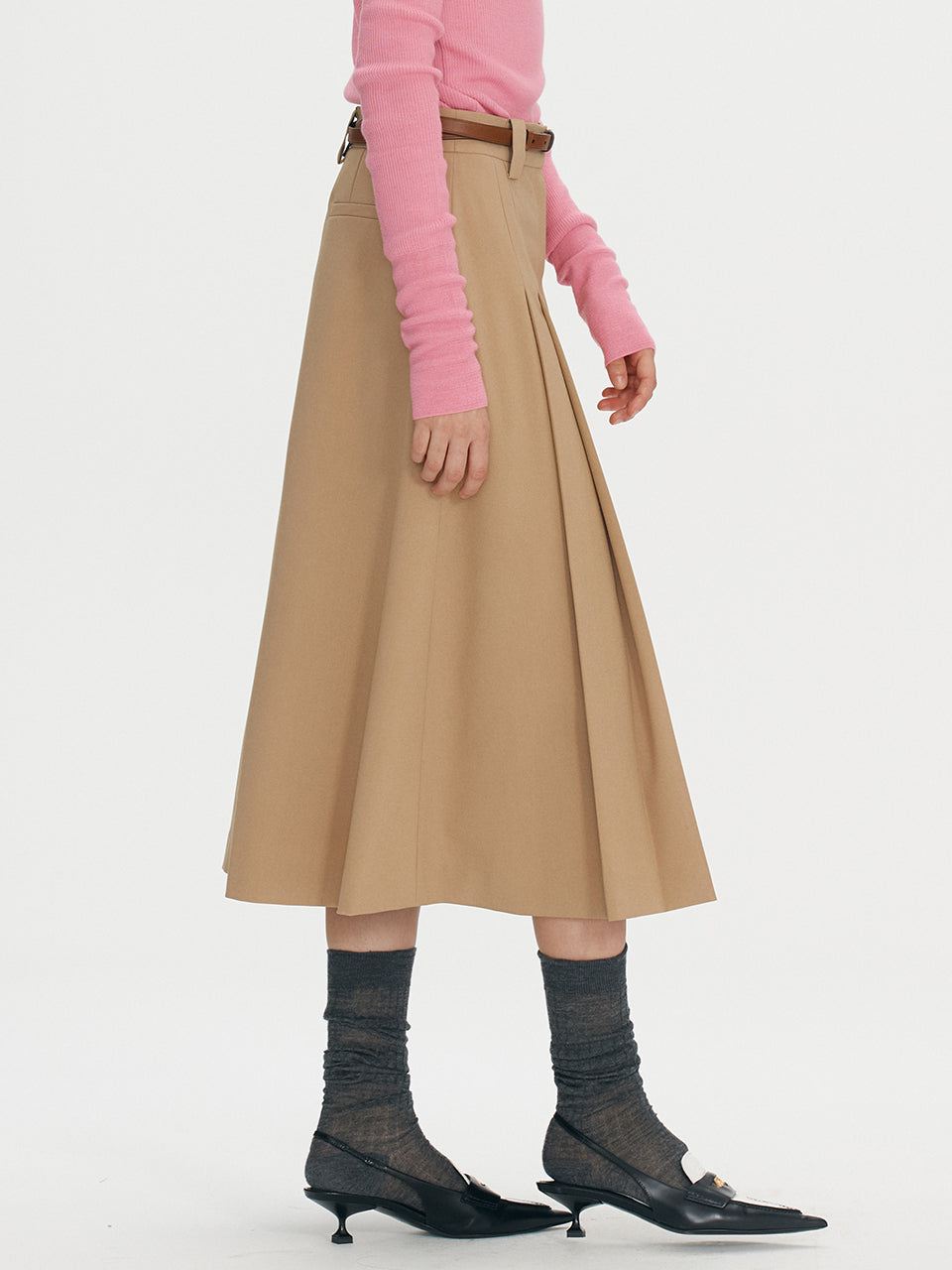 Side pleated midi skirt - Camel beige