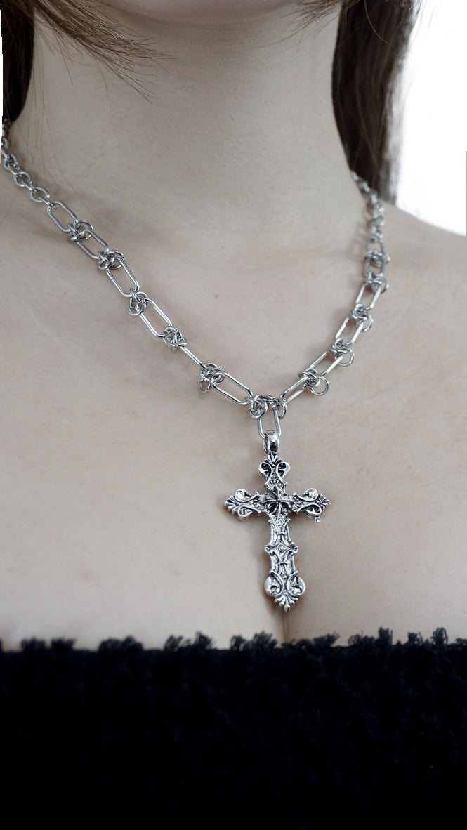 Chrome Cross Twisted Bold Chain Necklace