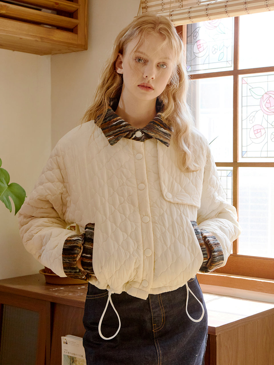 Stripe Patched Quilting Jacket (Ivory)