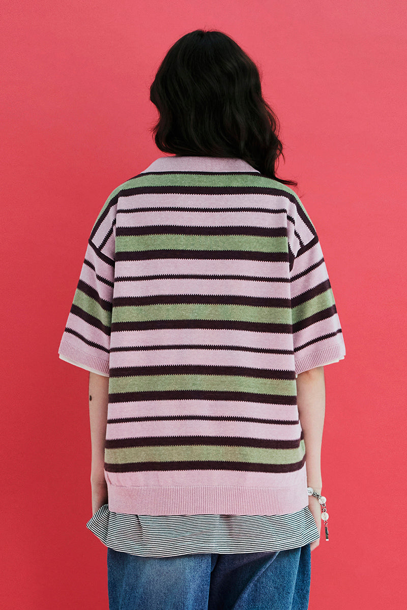 STRIPE KNIT POLO SHIRT / PINK