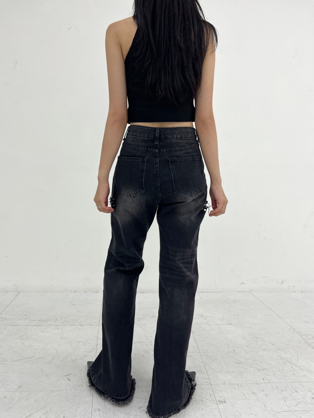 Stud side-cut wide denim jean (Black)