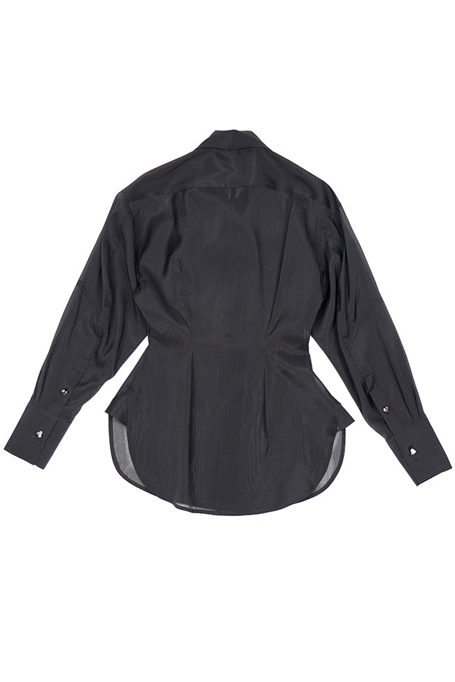 HEART BUTTON PINTUCK ORGANZA SHIRT IN BLACK