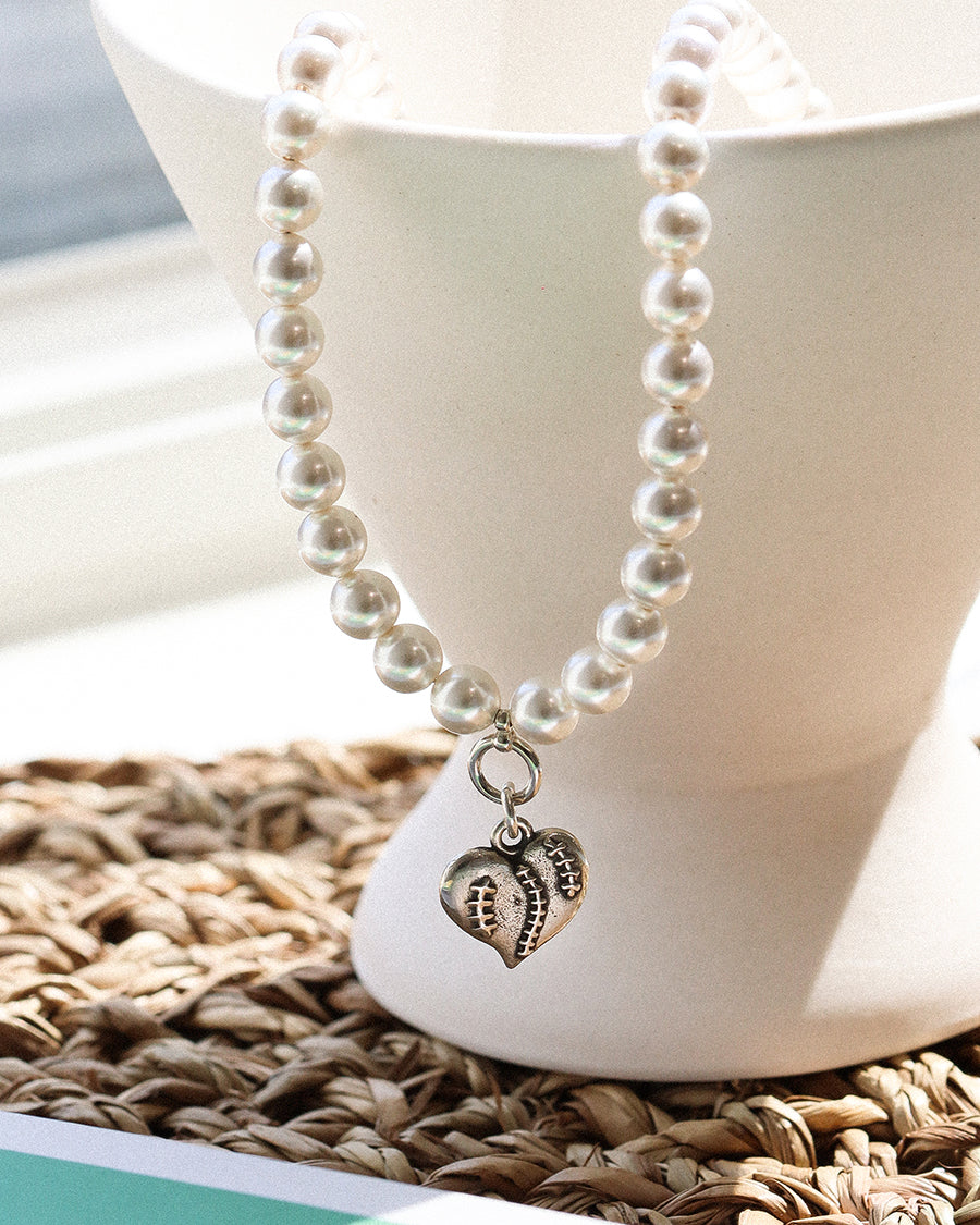 Stitch heart pearl necklace (925 silver)