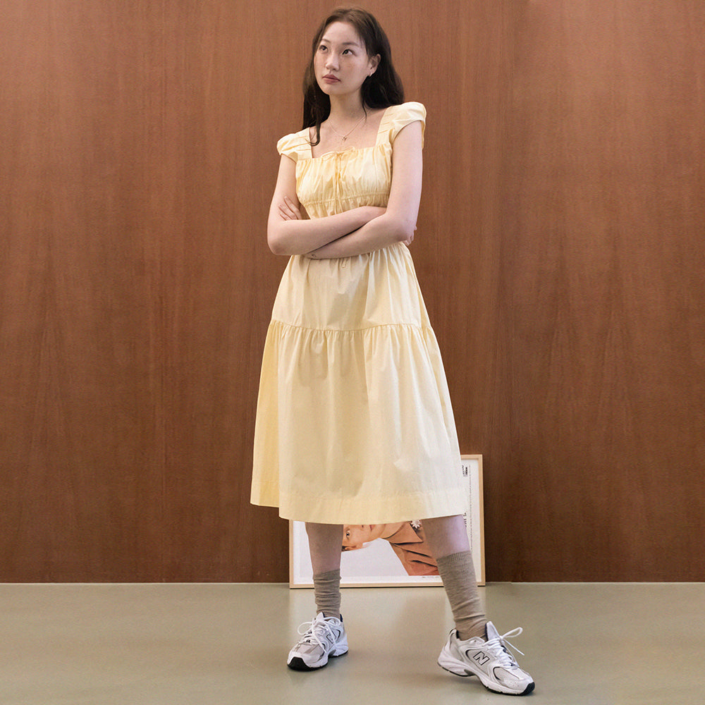 PINTUCK SHIRRING LONG DRESS_YELLOW