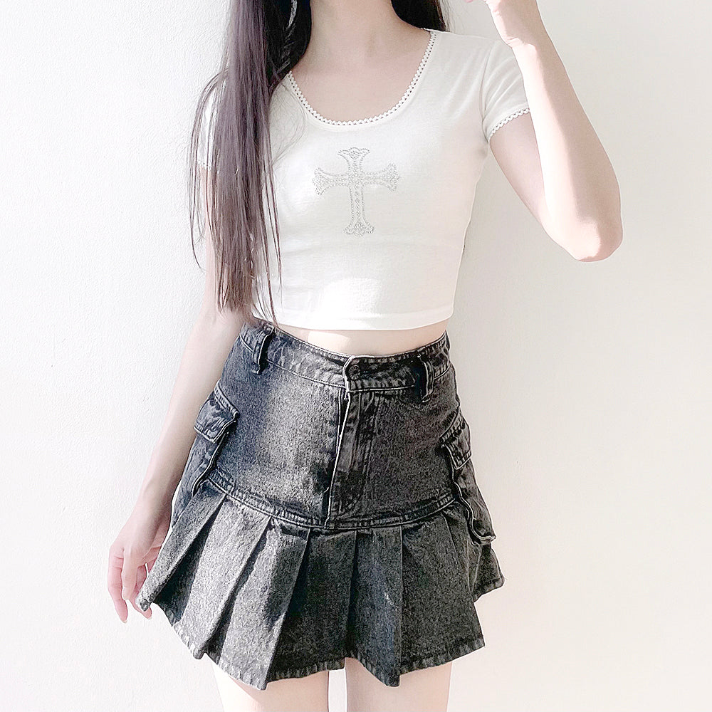 Sparkling Cubic Lace Crop T-Shirt (White)