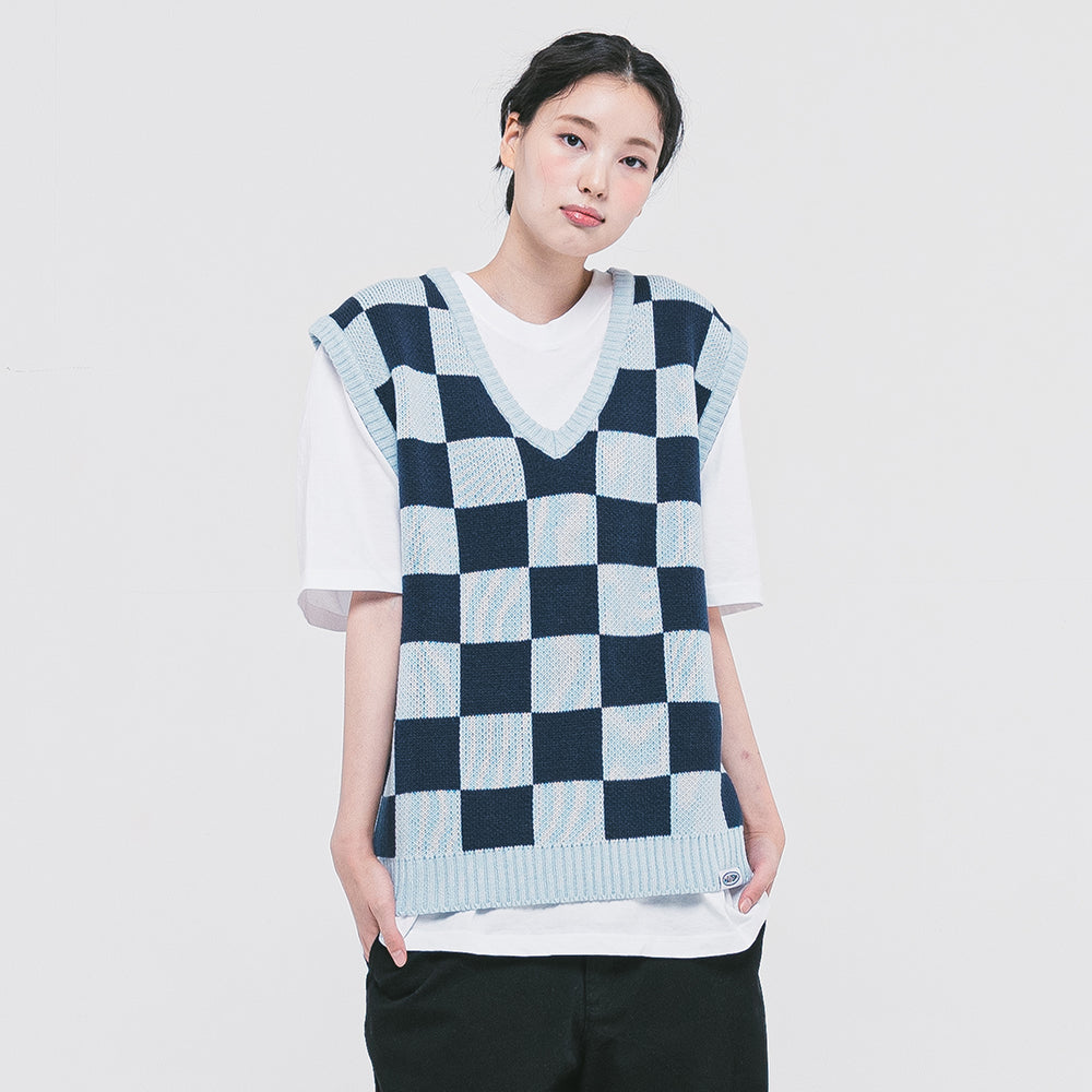 CHECKBOARD KNIT VEST(SKY BLUE