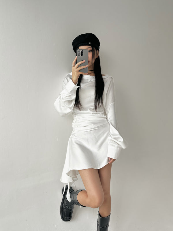 Silky shirring uncut shirt dress