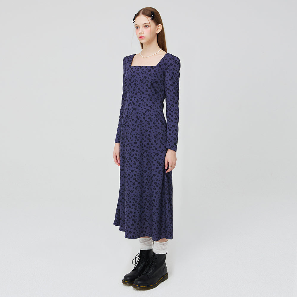 SQUARE NECK LONG DRESS _ NAVY