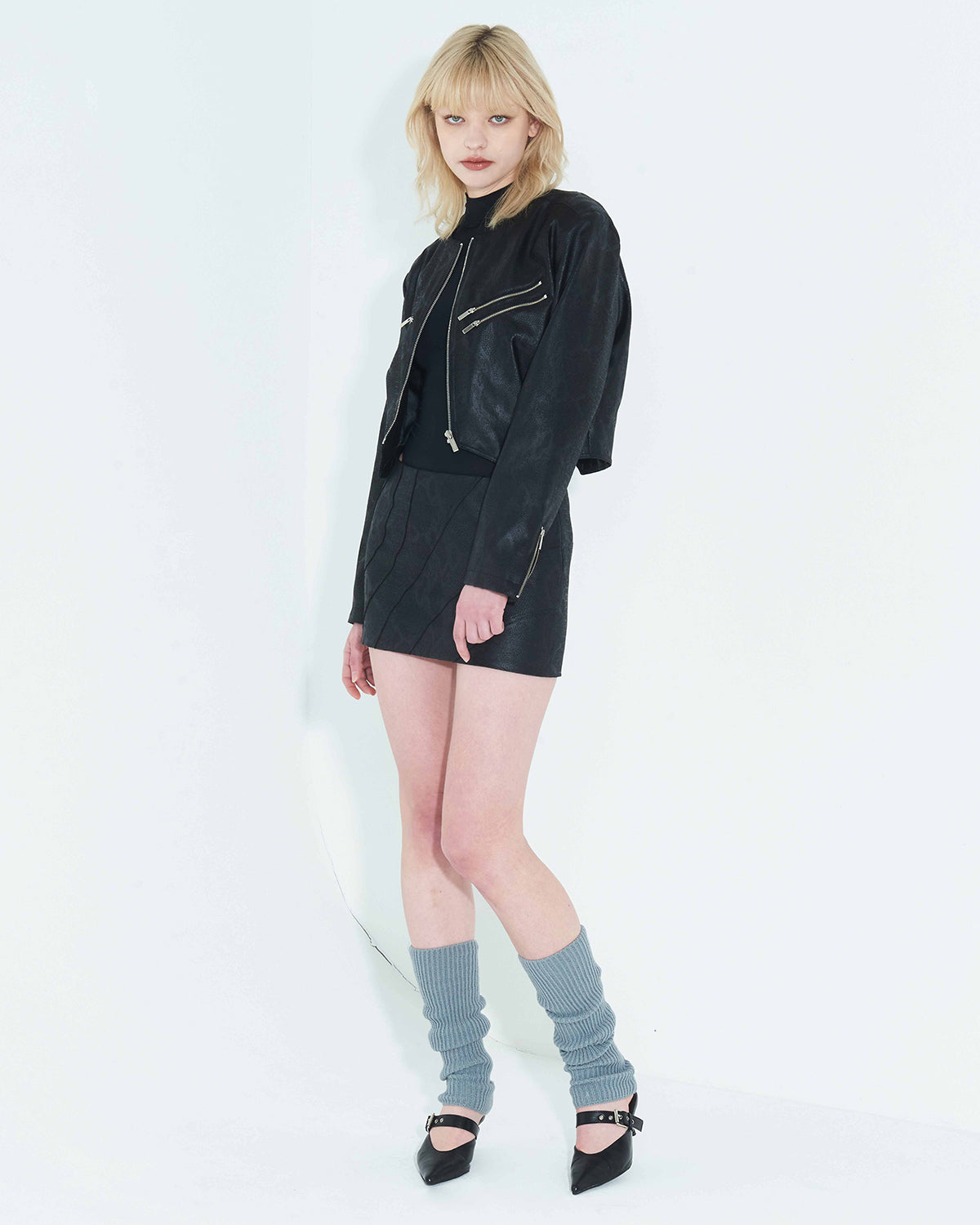 Faux-Leather Cropped Zip-Up Jacket _ Black