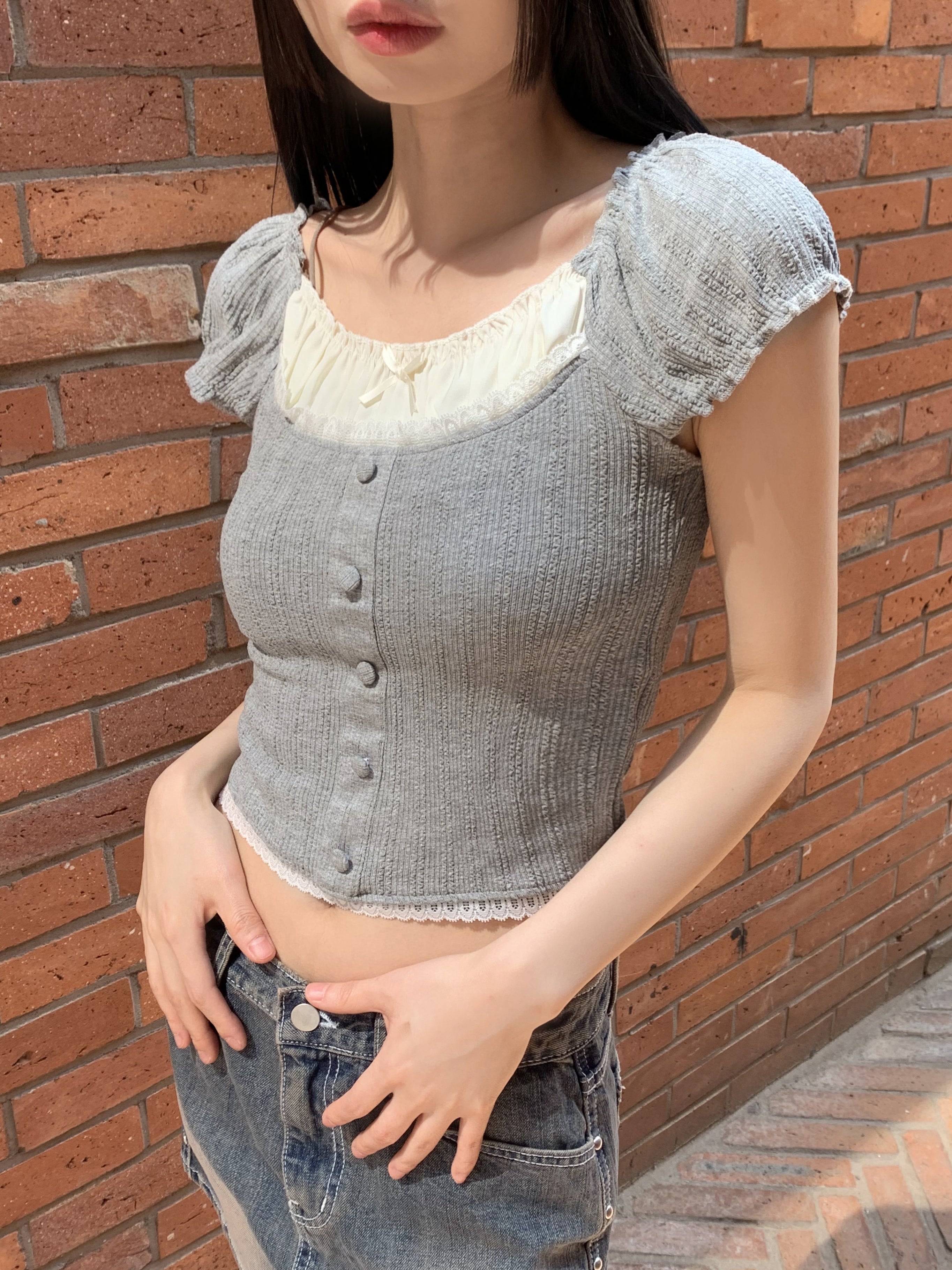 Rifet Shirring Ribbon Lace Button Cap Sleeve Cropped Short-Sleeved T-Shirt