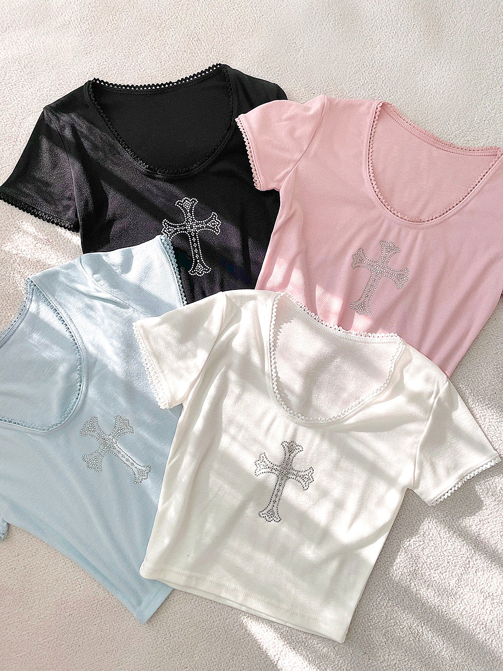 Sparkling Cubic Lace Crop T-Shirt (Sky Blue)