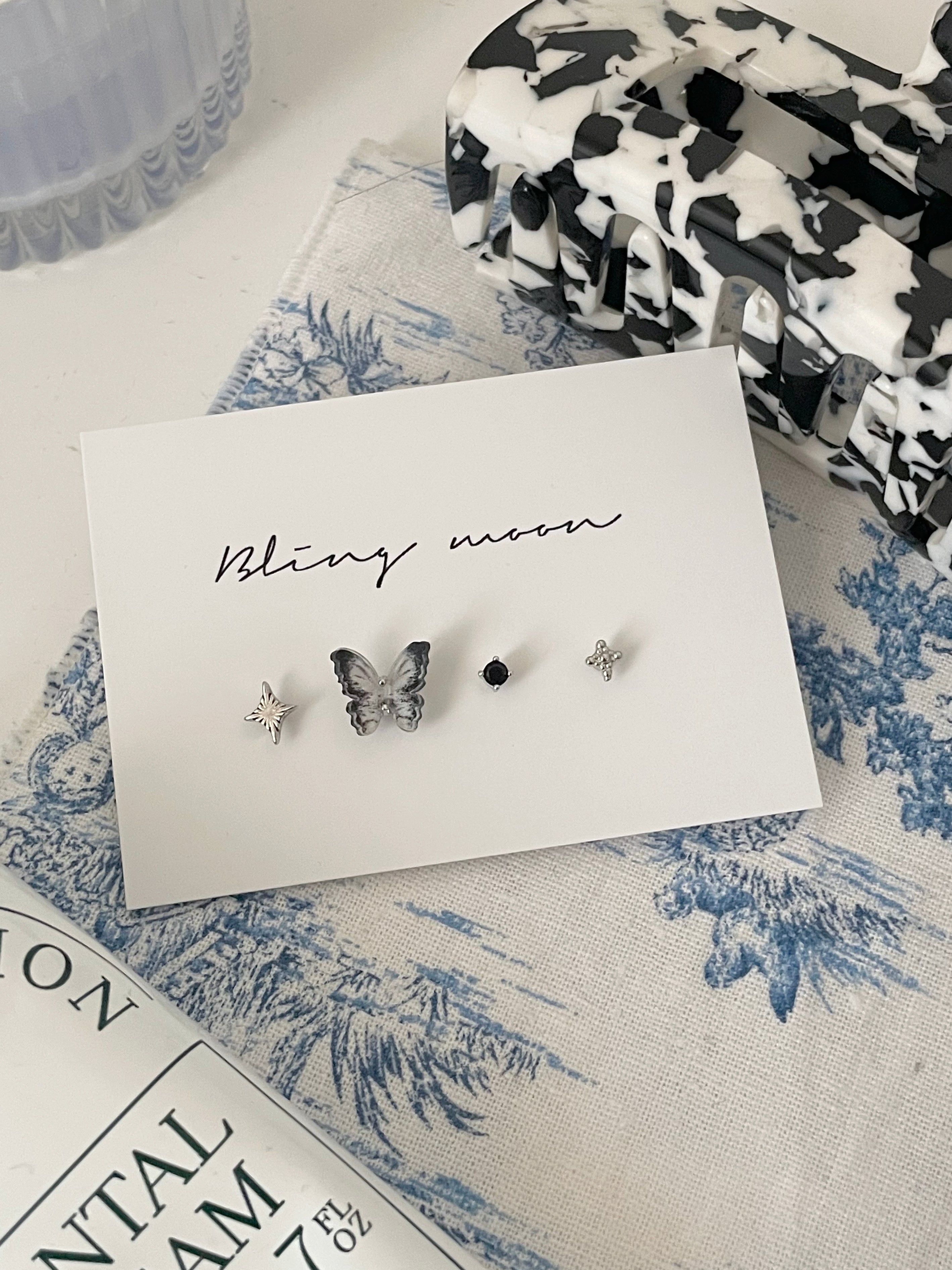 [4 set] Black Marble Twinkle Piercing Set