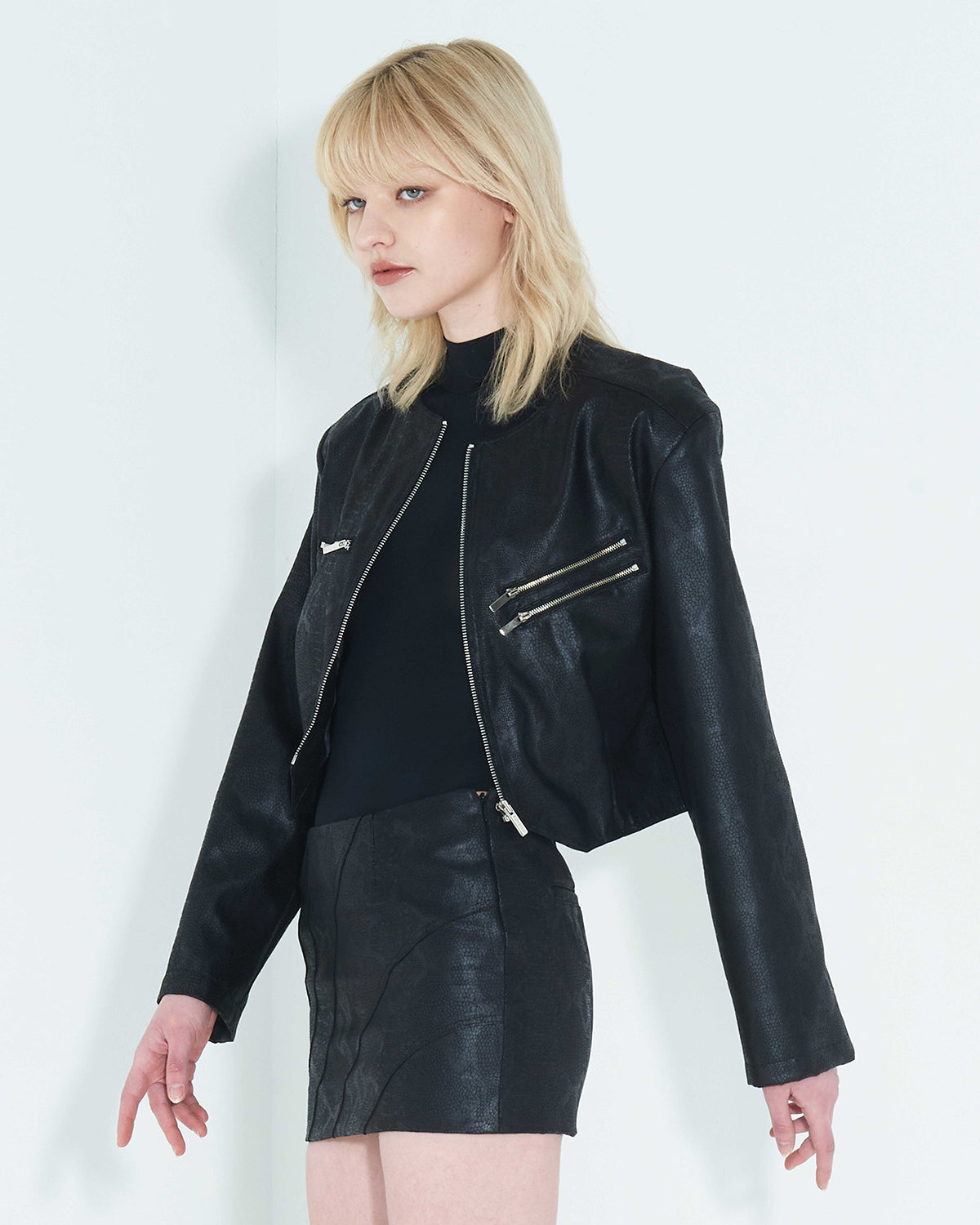 Faux-Leather Cropped Zip-Up Jacket _ Black