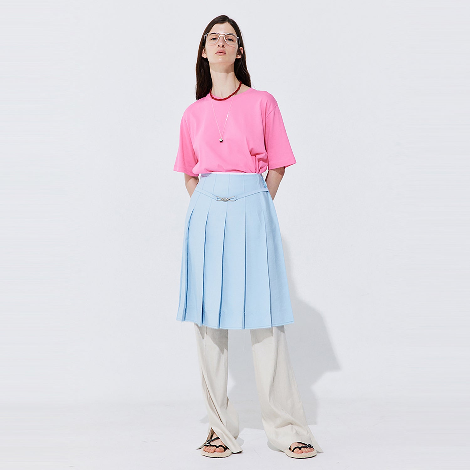 Raw-cut Pleats Skirt_Light Blue