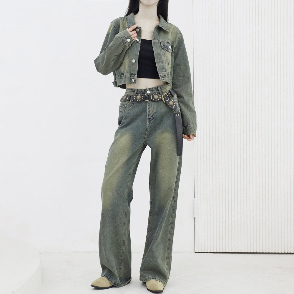 [NONCODE] Laure Denim Crop Jacket + Denim Pants Set