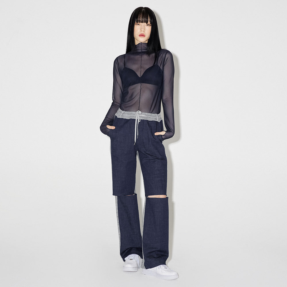 デニムニットブロッキングパンツ / Denim Knit Blocking Pants [BLUE]