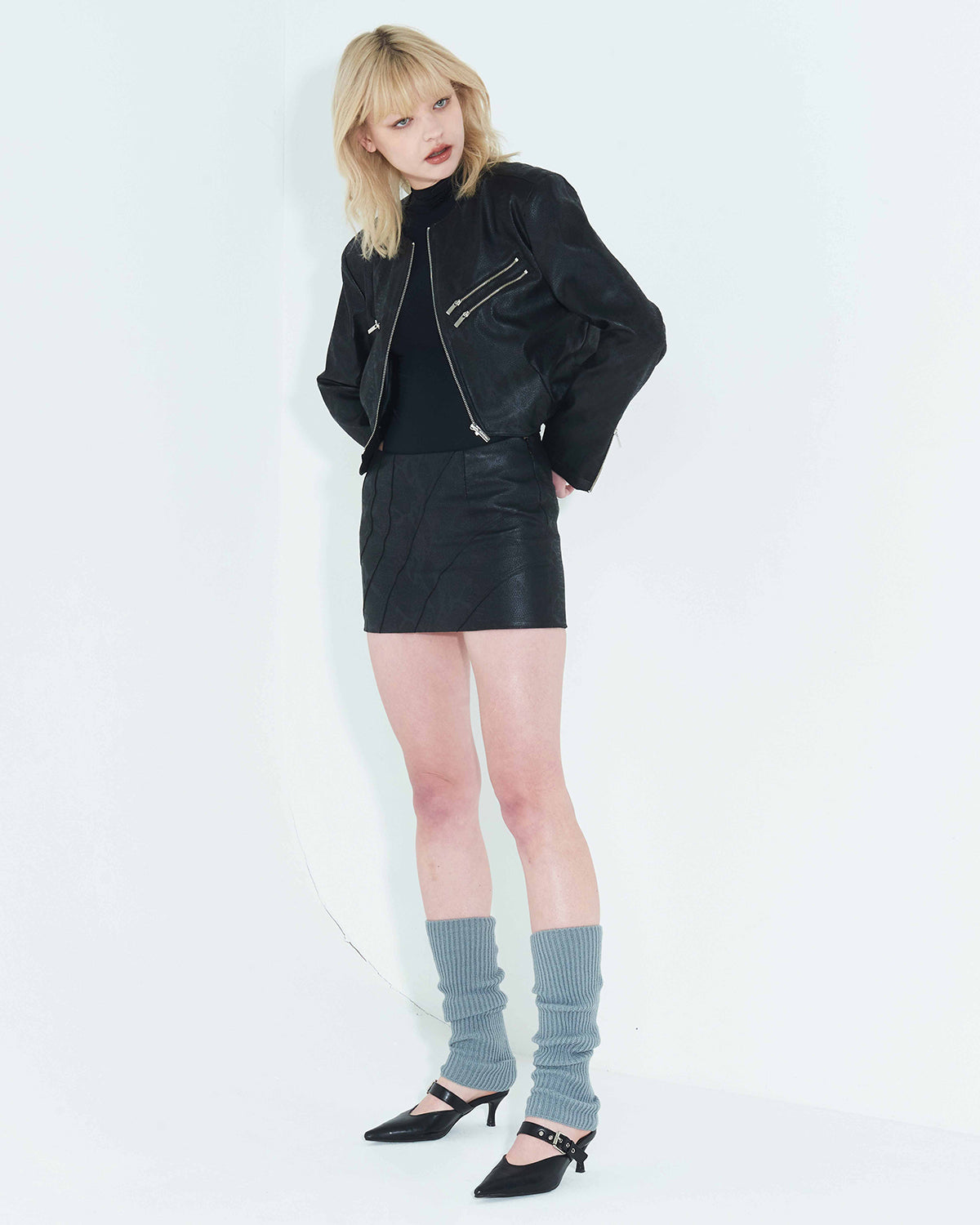 Faux-Leather Cropped Zip-Up Jacket _ Black