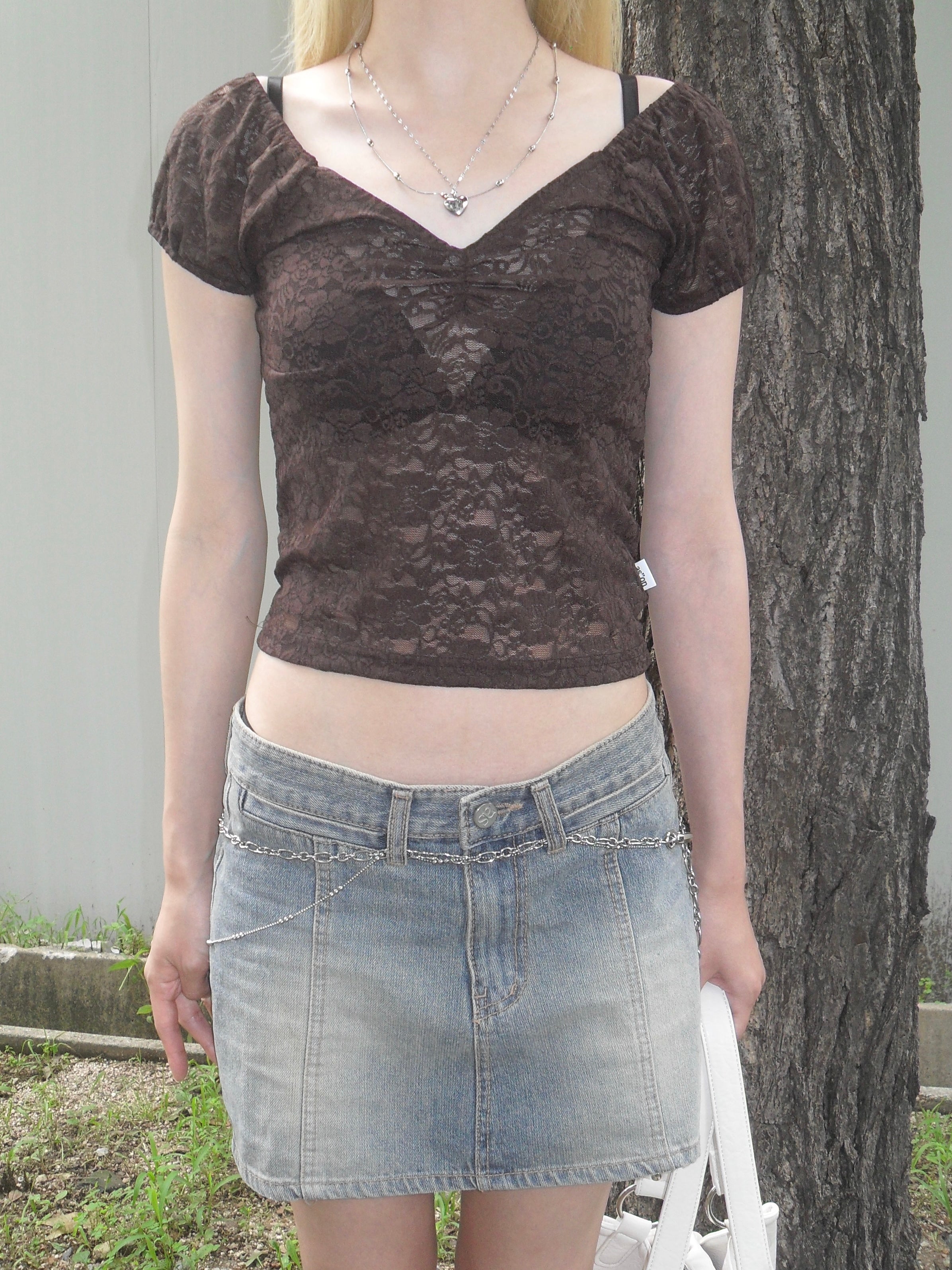 FLOWER LACE PETIT TOP / BROWN