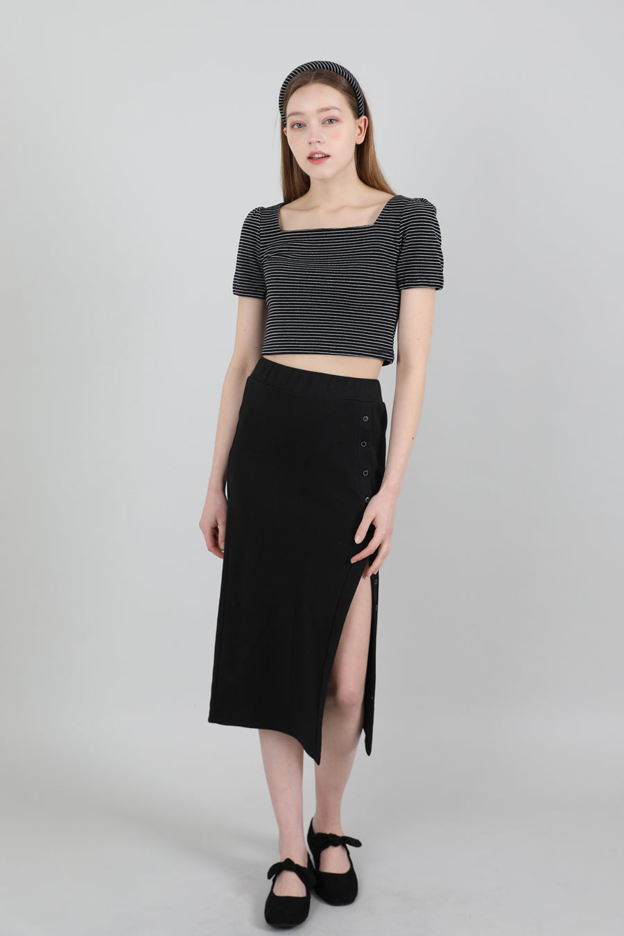 Button Banding Long Skirt Black