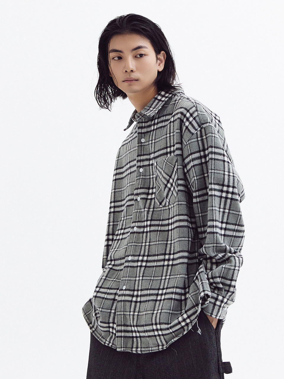 Loose wool check shirts Gray