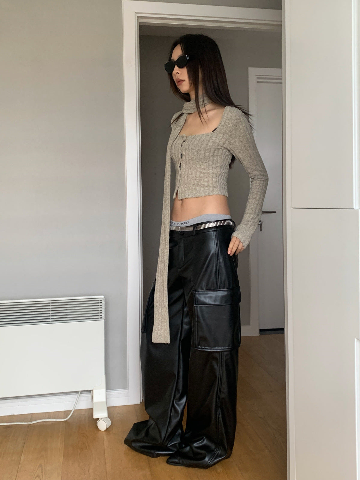 Leather Pocket Cargo Wide Pants