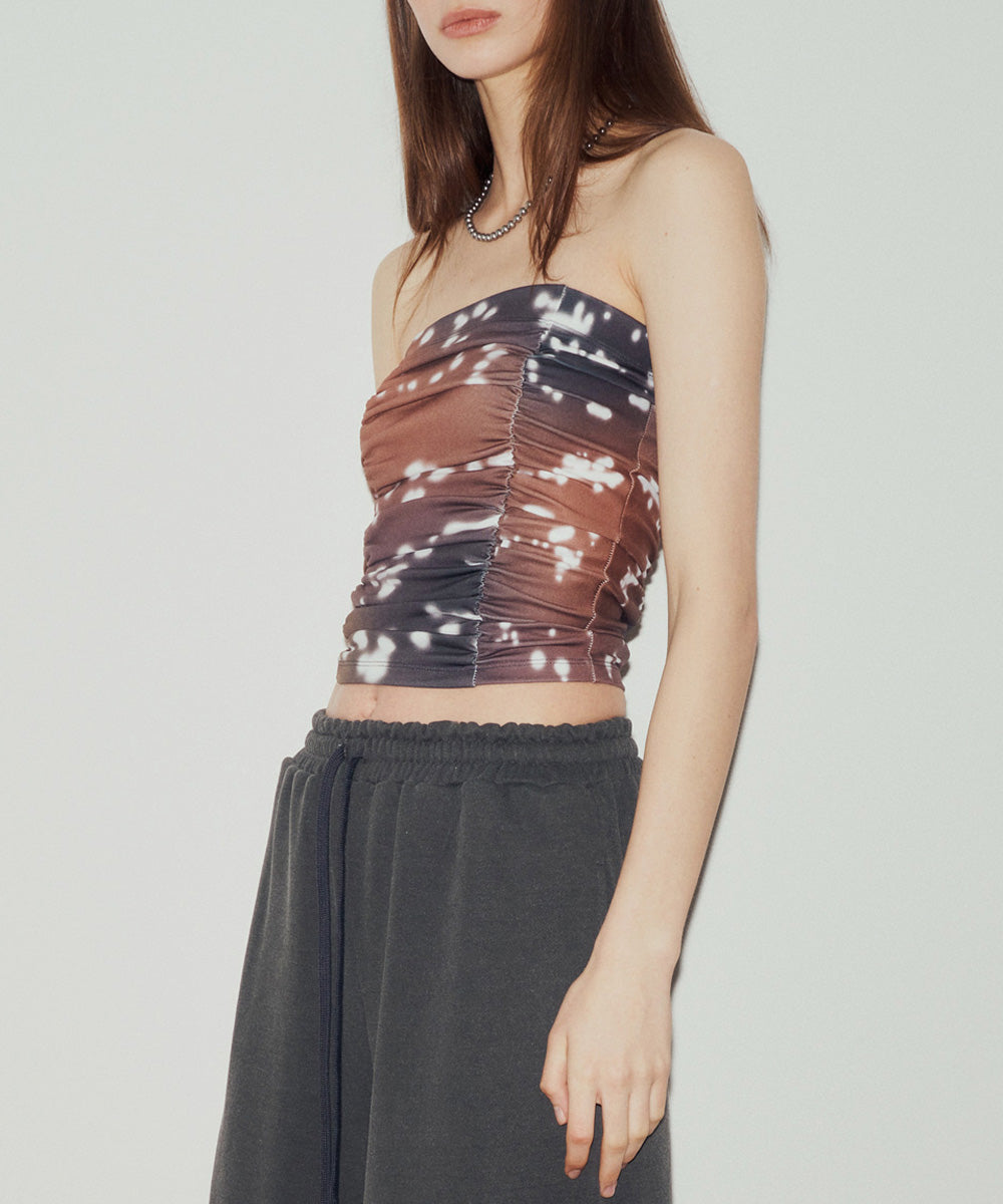 PRINTED SHIRRING TUBE TOP (BROWN)