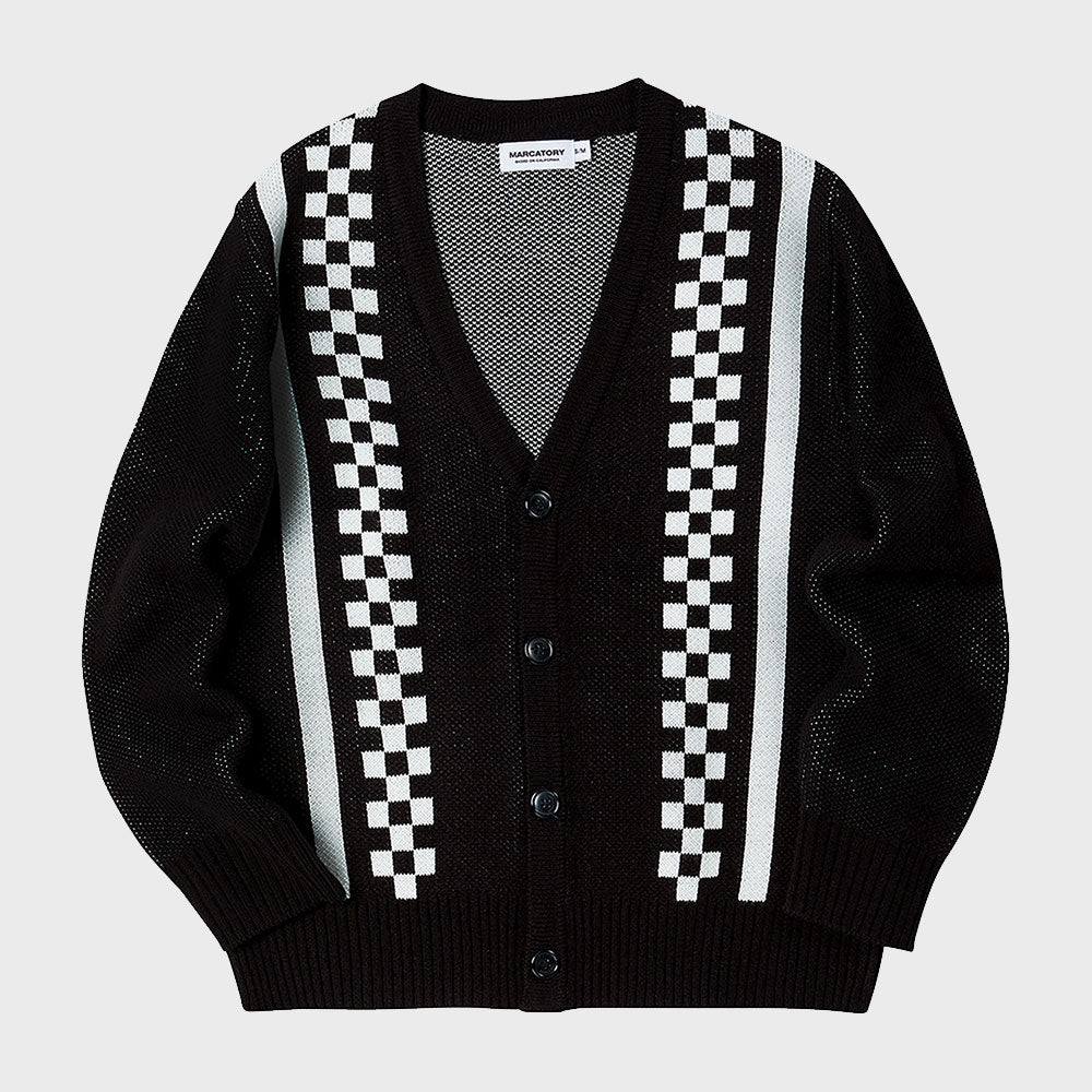 CHECKERBOARD JACQUARD CARDIGAN (BLACK)