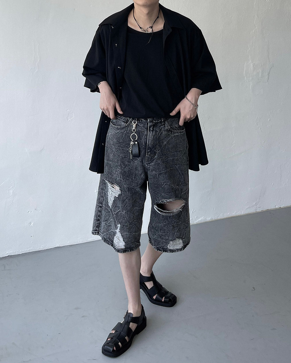 Pulse putty vintage denim Bermuda pants (Black)