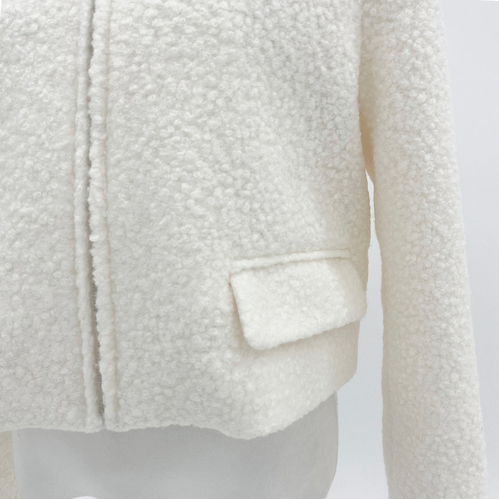 Boucle no-collar zip-up jacket (White)